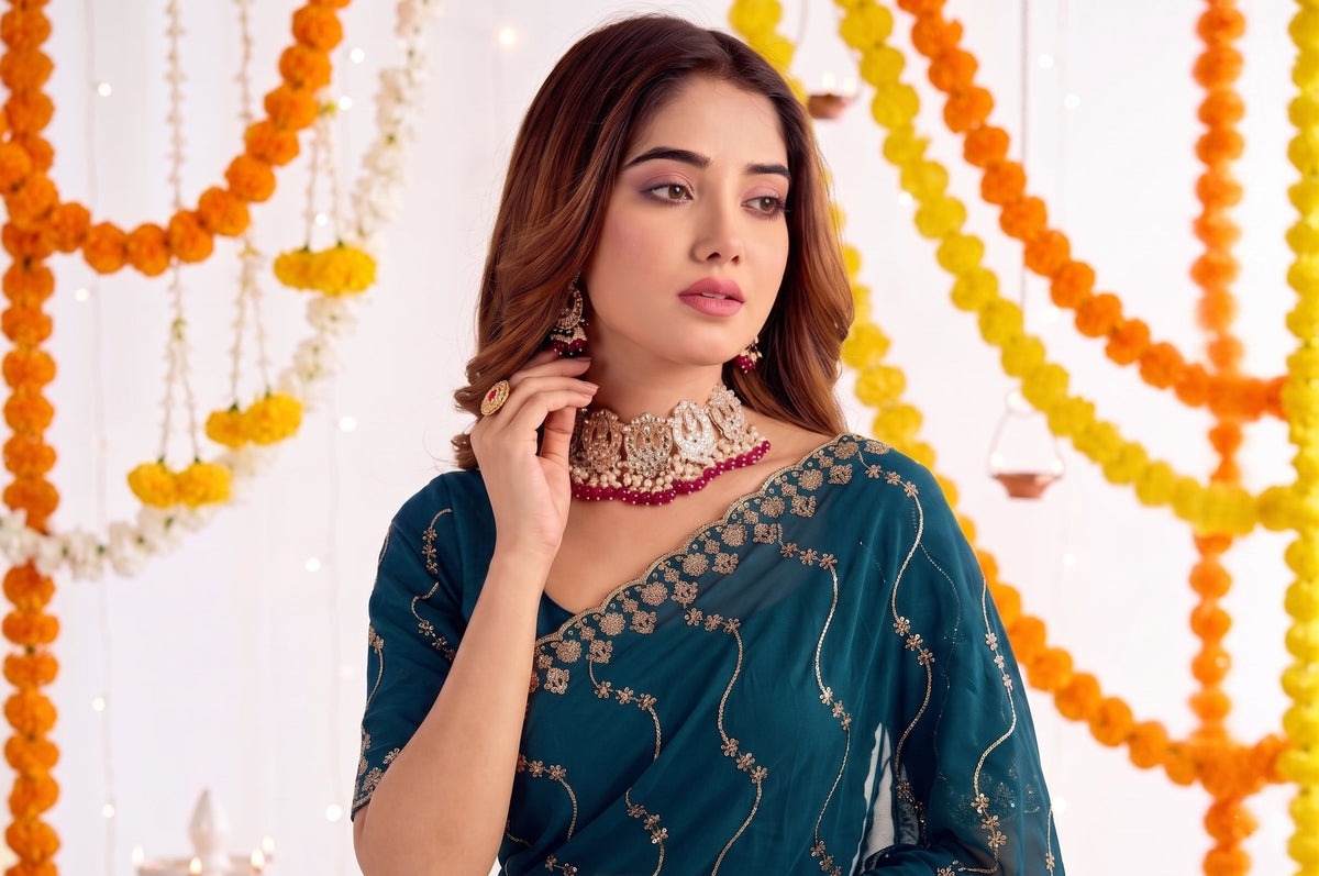 Designer Mustard  Teal Party Wear Georgette Saree with Sequin Embroidery