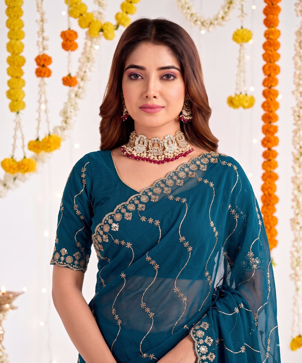 Designer Mustard  Teal Party Wear Georgette Saree with Sequin Embroidery