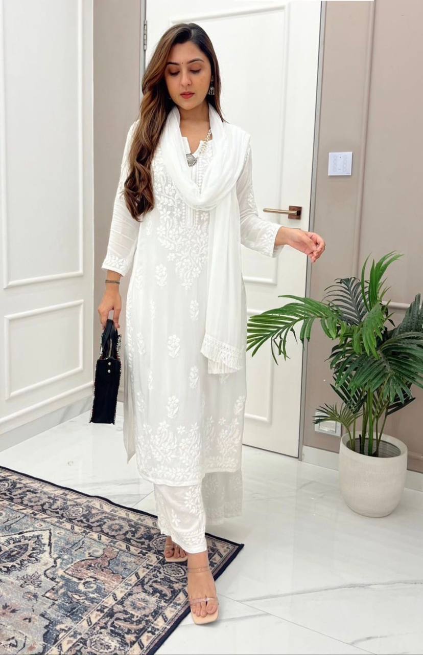 Premium White Maslin Embroidered Kurti Set with Palazzo & Dupatta